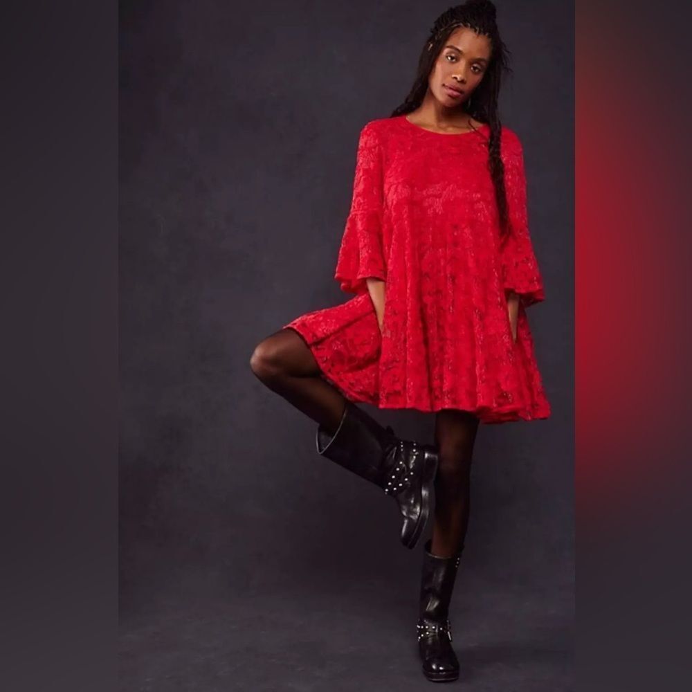 FREE PEOPLE red mini swing dress lace Whimsigoth boho bell sleeves party NWT